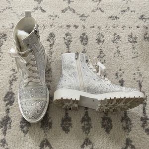 Jessica Simpson white crystal bling faux fur boots